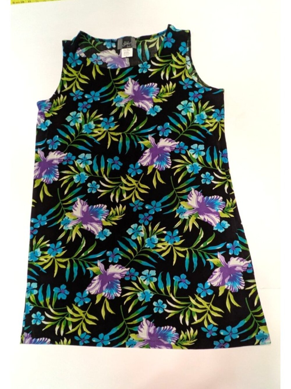 Slinky Brand Sleeveless Midi Shift Tank Dress Size 1X Blue Purple Tropical Print